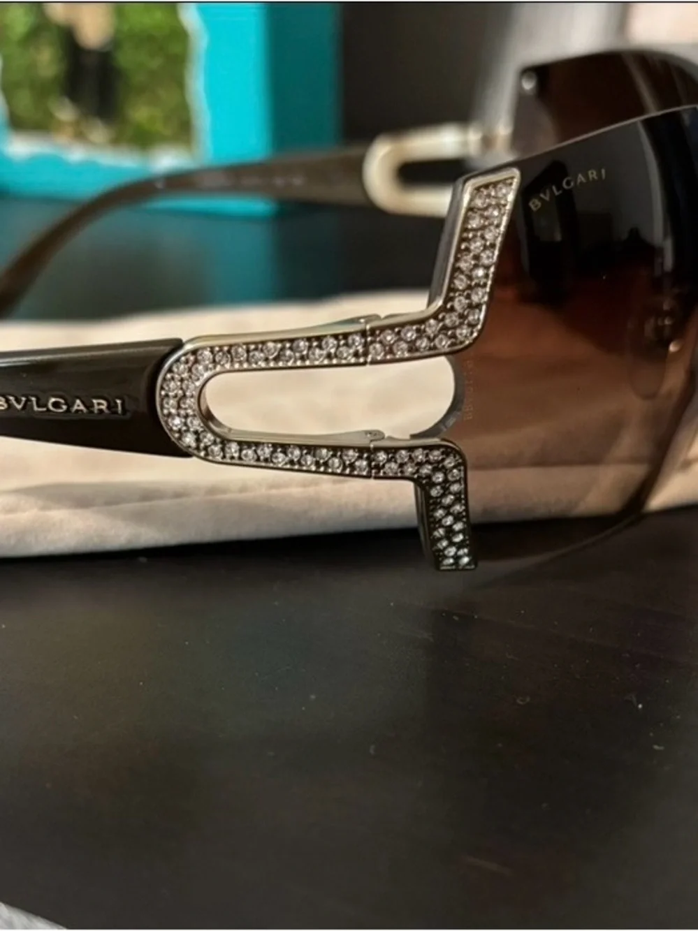 Bulgari Brown Gradient Rimless Sunglasses with Swarovski Crystal Gold Temples